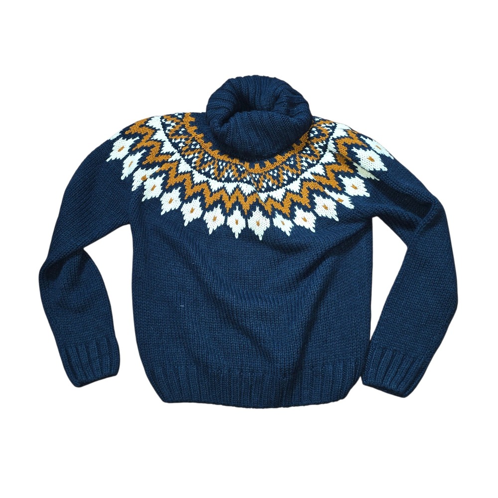 Rachel Zoe Fair Isle Turtleneck Sweater Navy Orange White Women's Size S